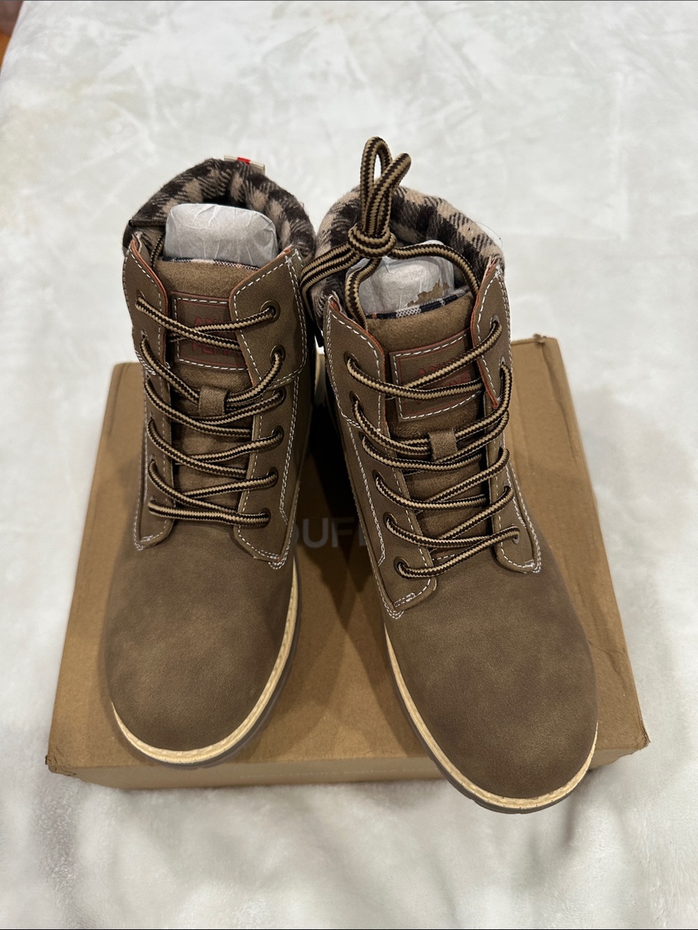 F&F Brown Lace-Up Work or hiking Boot with Plaid Collar - Picture 7 of 12